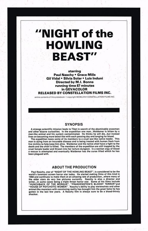 Night of the Howling Beast Pressbook