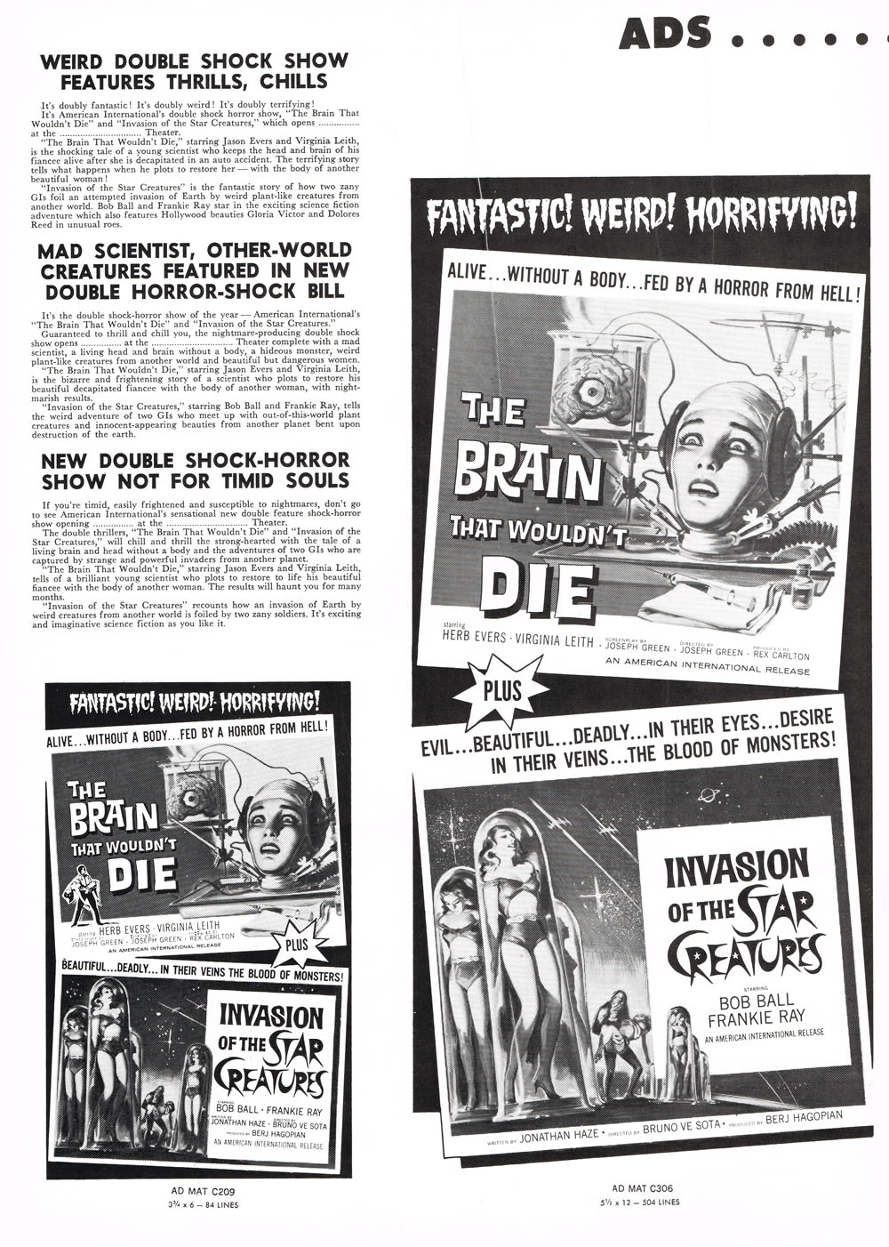 Double Bill Pressbook: The Brain That Wouldn't Die and Invasion of