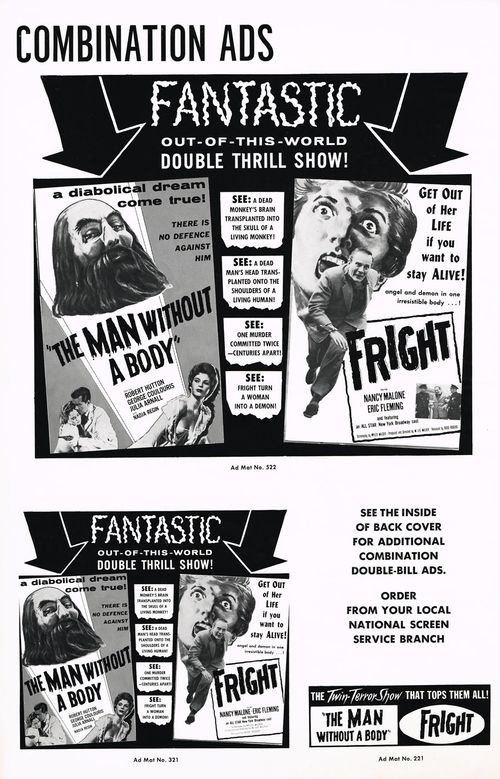 The Man Without a body and Fright Double Bill Pressbook