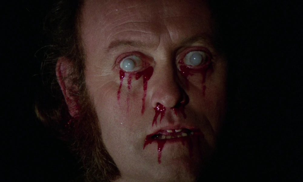 Horror Express movie closeup scene showing bulging eyes whited out and bleeding. Horror Express movie closeup scene showing bulging eyes whited out and bleeding.