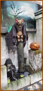spirit halloween 2023 vampire bat on a wood post