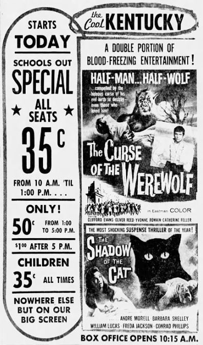 Curse of the Werewolf All Seats 35 cents newspaper ad Curse of the Werewolf All Seats 35 cents newspaper ad