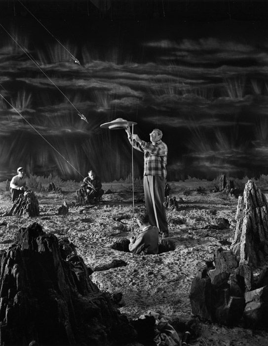 Setting up filming for the alien spaceship landing in the crater for This Island Earth