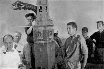 Reptilicus technicians working on miniature in scene. Reptilicus technicians working on miniature in scene.