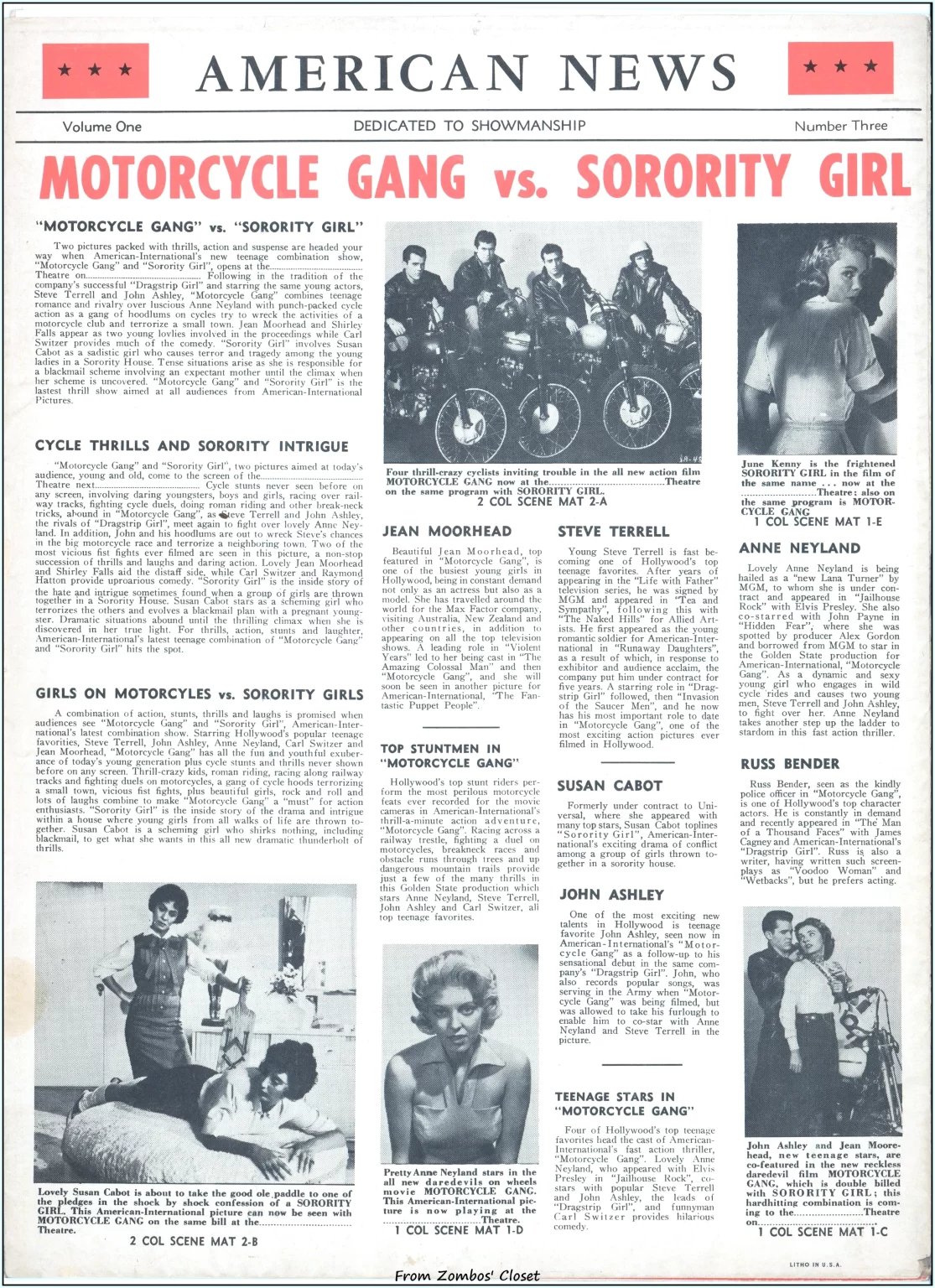 Double Bill pressbook for Motorcycle Gang and Sorority Girl Double Bill pressbook for Motorcycle Gang and Sorority Girl
