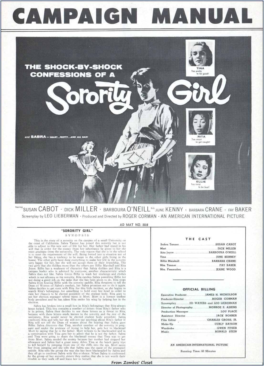 Double Bill pressbook for Motorcycle Gang and Sorority Girl Double Bill pressbook for Motorcycle Gang and Sorority Girl
