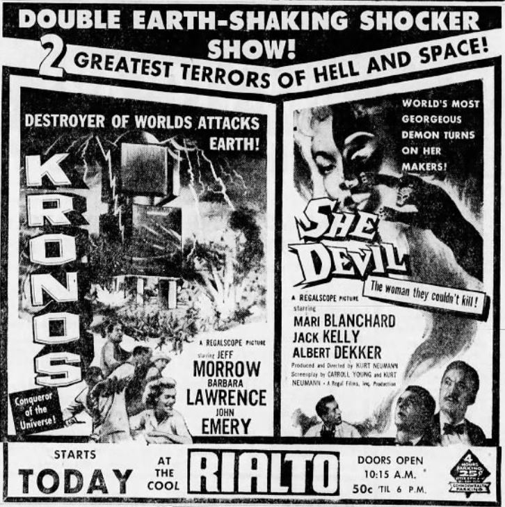 Newspaper ad for Kronos and She Devil movie double bill Newspaper ad for Kronos and She Devil movie double bill