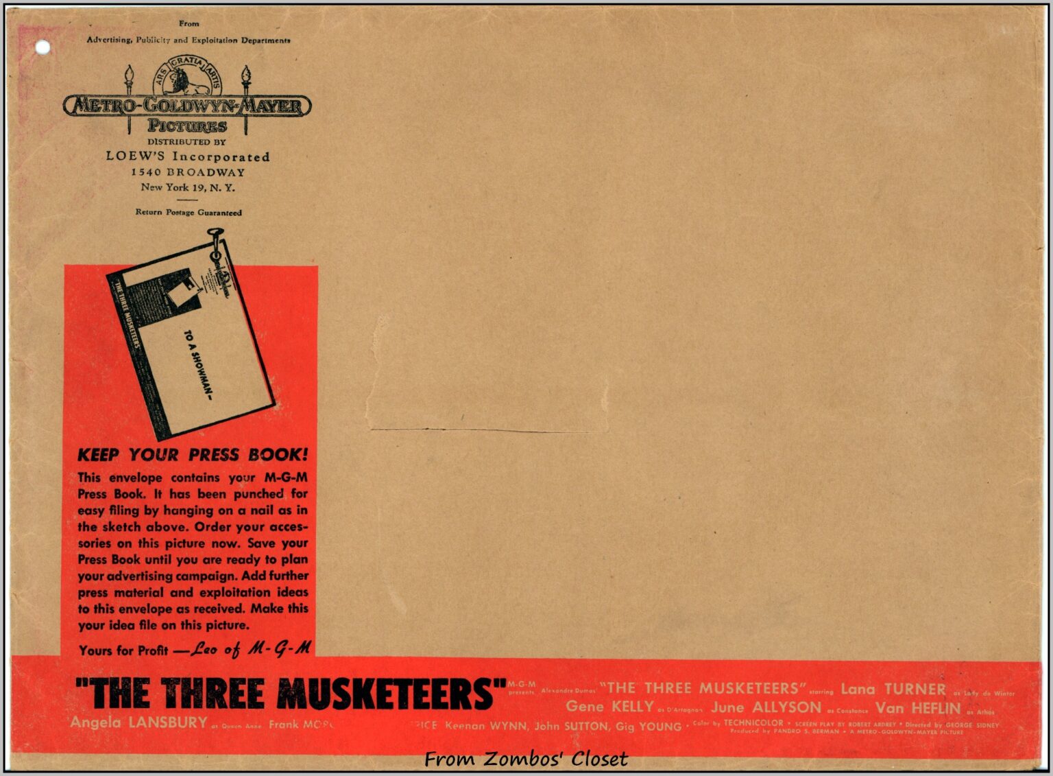 Three Musketeers pressbook mailer envelope Three Musketeers pressbook mailer envelope