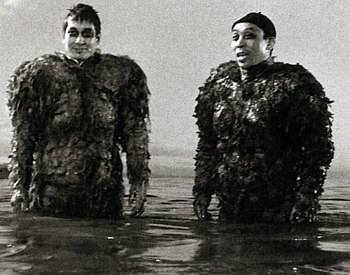 Yu Sekida and Haruo Nakajima take a break in the miniature tank in War of the Gargantuas Yu Sekida and Haruo Nakajima take a break in the miniature tank