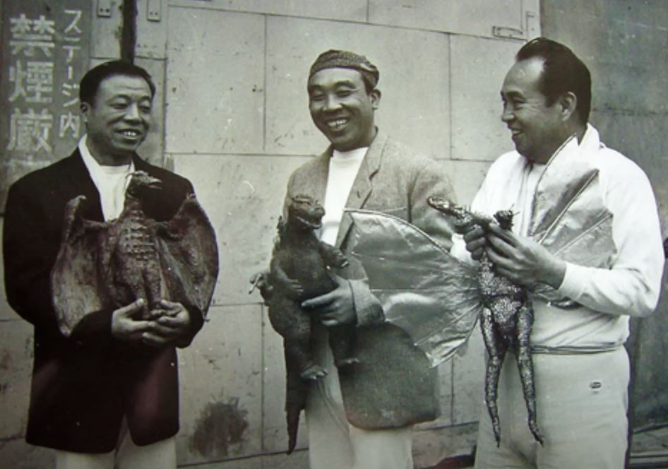 Masaki Shinohara, Haruo Nakajima, and Shoichi Hirose pose with their costume creations Masaki Shinohara, Haruo Nakajima, and Shoichi Hirose pose with their costume creations