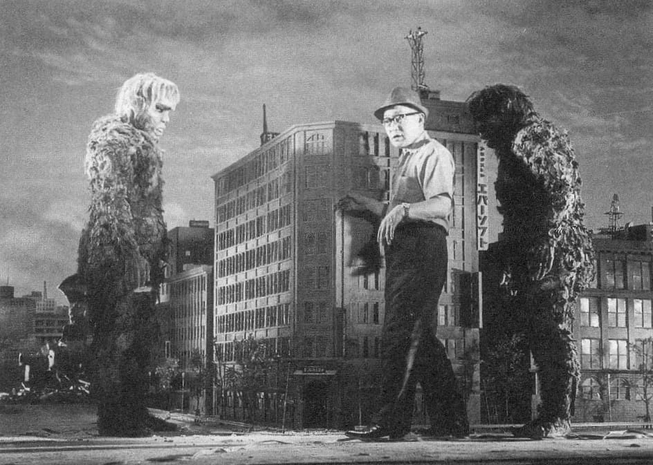 War of the Gargantuas movie set behind the scenes Eiji Tsuburaya, center, with Yu Sekida as Sanda, left, and Haruo Nakajima as Gaira, getting ready to film the all-out fight scene in War of the Gargantuas (1966)