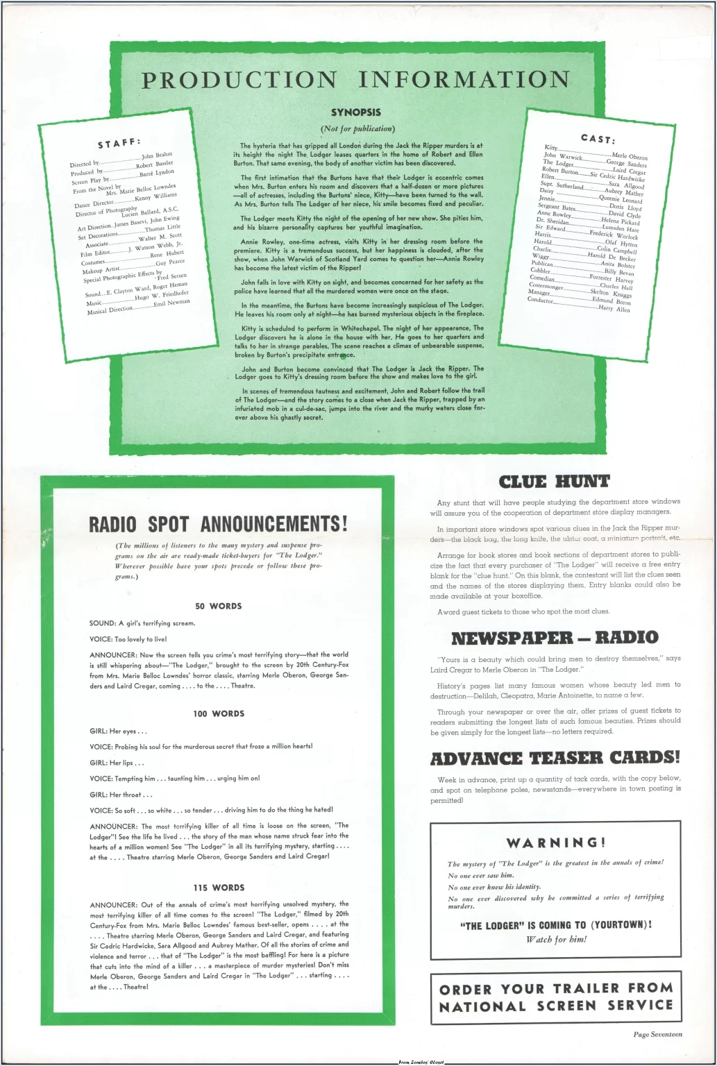 The Lodger 1944 movie pressbook The Lodger 1944 movie pressbook