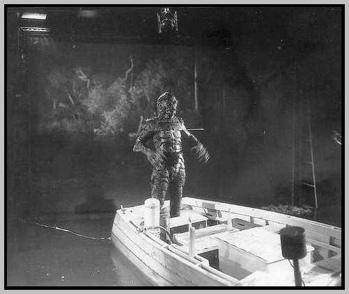 Creature stuntman Al Wyatt on set during shoot.