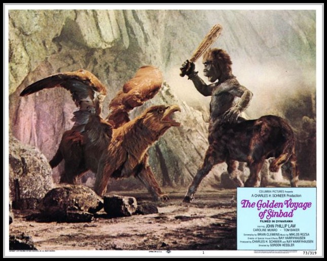 Lobby card showing the battle between the griffin and the one-eyed centaur. Lobby card showing the battle between the griffin and the one-eyed centaur.