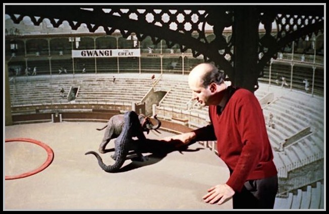 Ray at the animation stand in front of his large rear-projection screen. Ray at the animation stand in front of his large rear-projection screen.