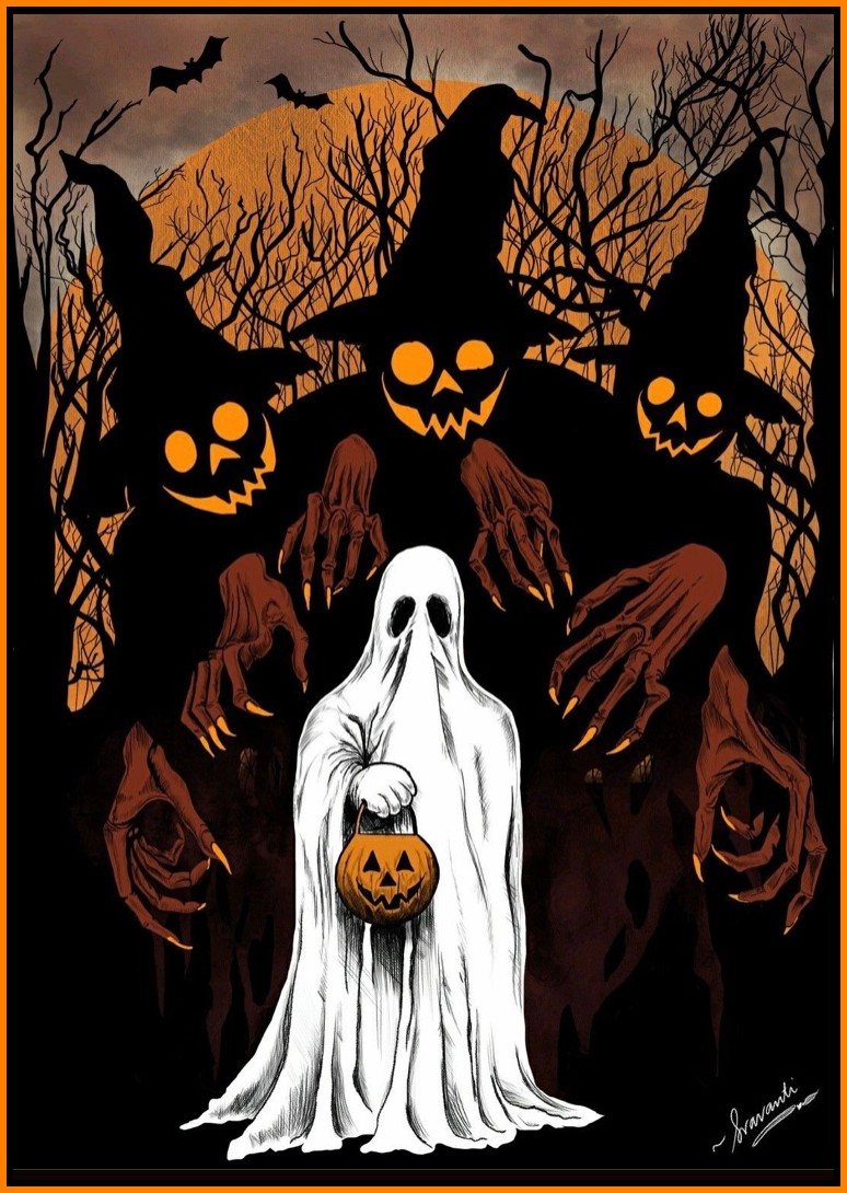 Three witch-hatted pumpkin-faced creatures behind a ghostly trick or treater. Three witch-hatted pumpkin-faced creatures behind a ghostly trick or treater.