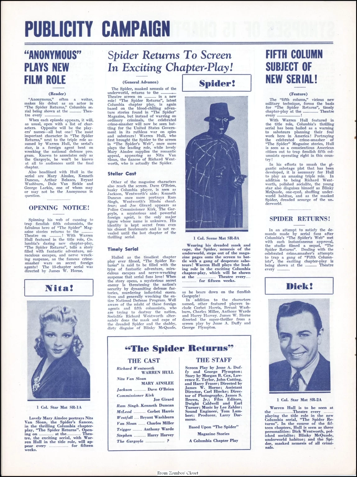 The Spider Returns 1941 movie pressbook.