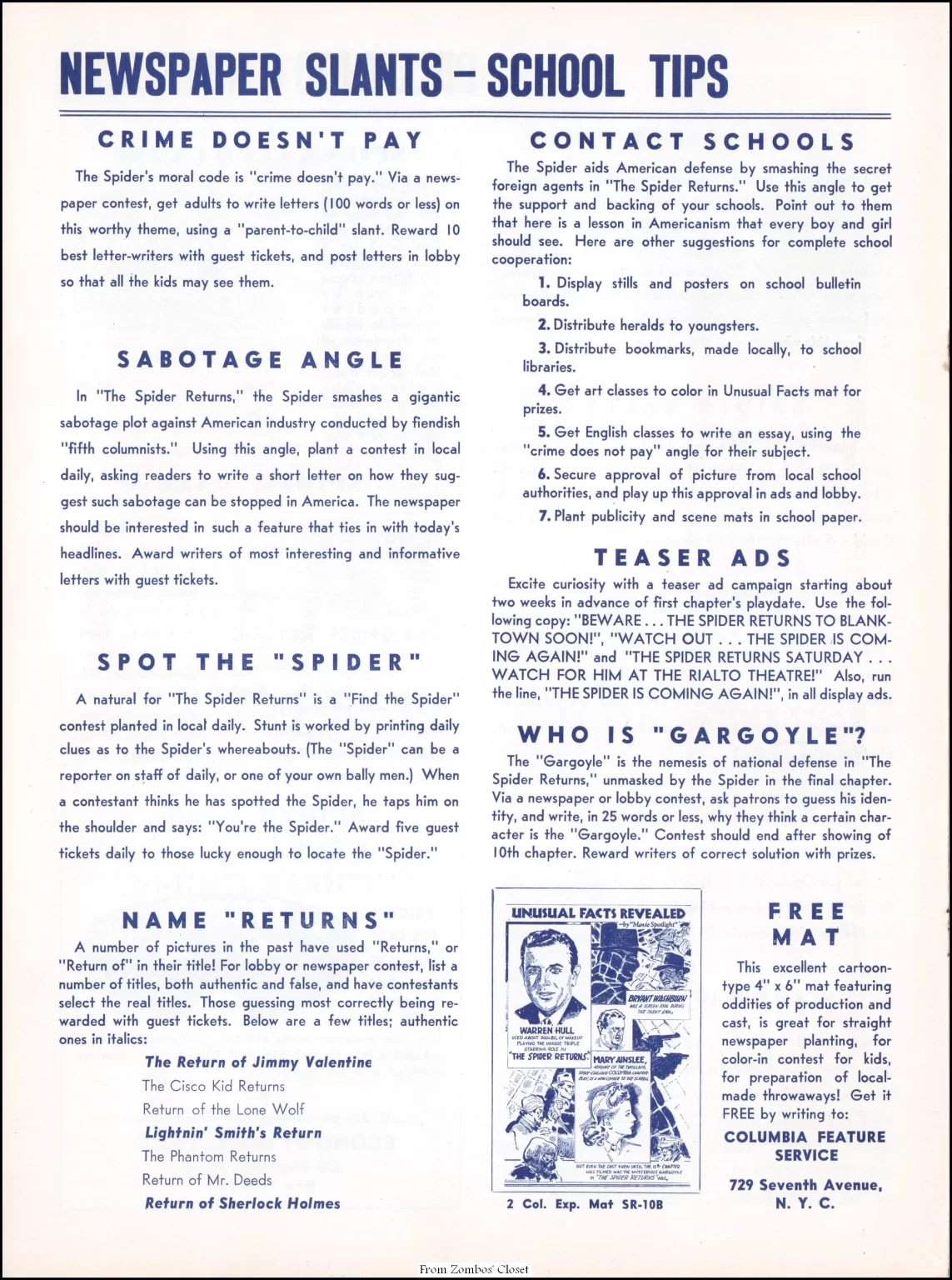 The Spider Returns 1941 movie pressbook.