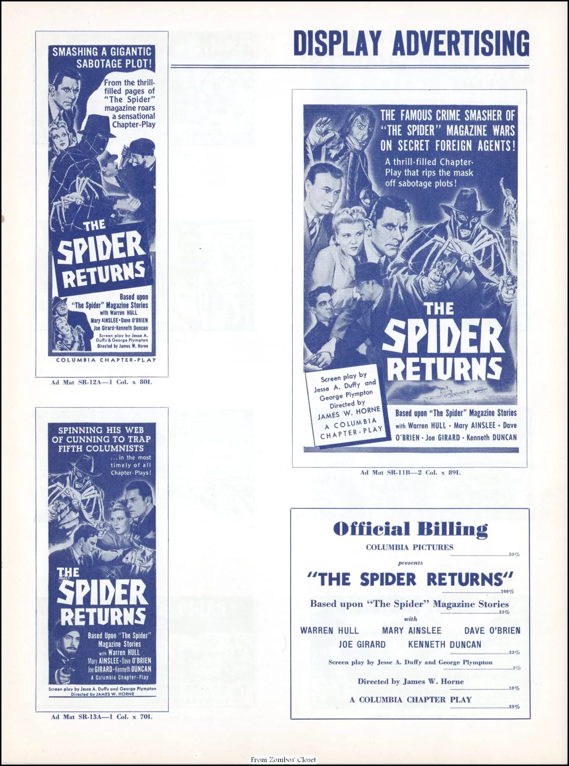 The Spider Returns 1941 movie pressbook.