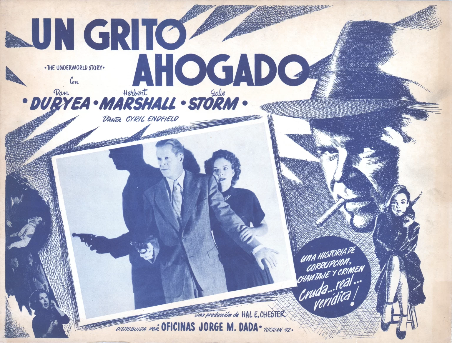 The Underworld Story Mexican lobby card The Underworld Story Mexican lobby card with Dan Duryea holding a gun with a woman held back behind him.