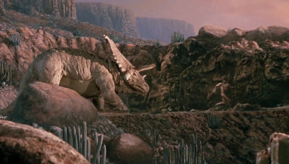 The highly detailed Chasmosaur model animated by David Allen. Live action, model and glass paintings filmed in an animated tracking shot. The highly detailed Chasmosaur model animated by David Allen. Live action, model and glass paintings filmed in an animated tracking shot.