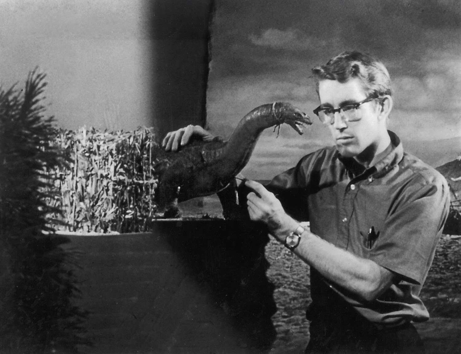 Jim Danforth poses with the model Plesiosaur. Jim Danforth poses with the model Plesiosaur.