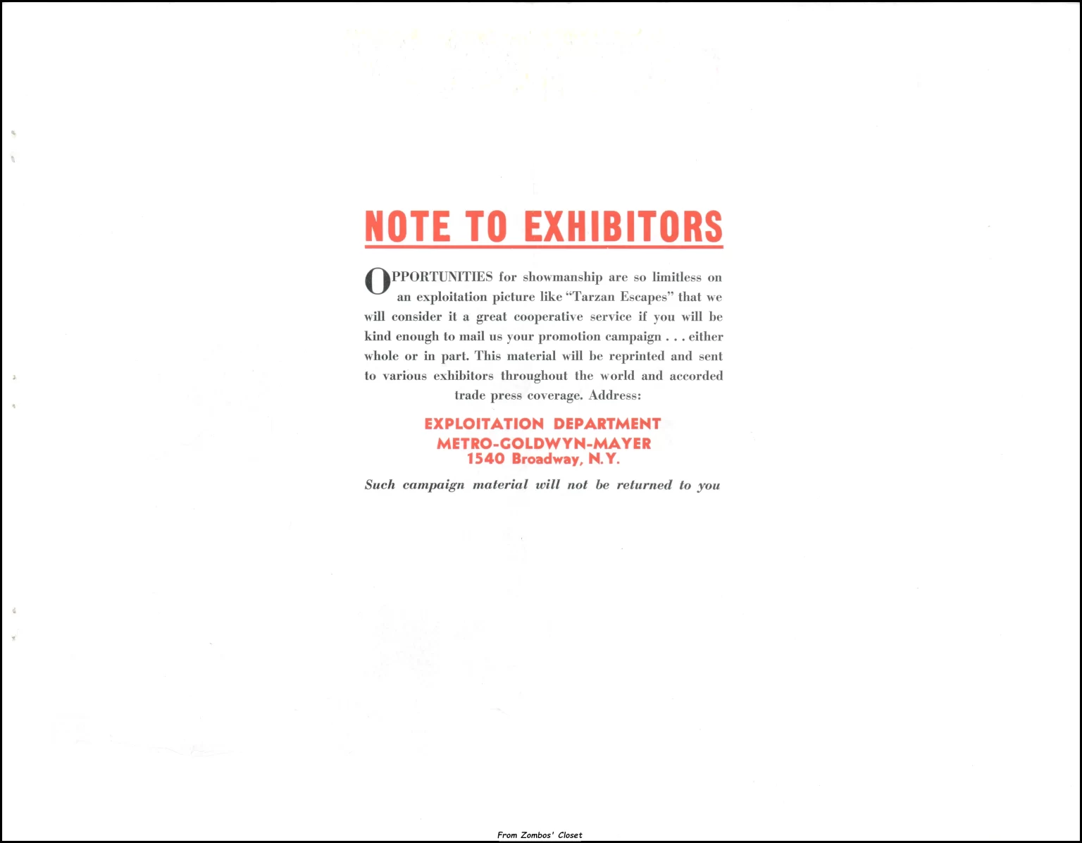 Tarzan Escapes Showmanship Pressbook Tarzan Escapes Showmanship Pressbook