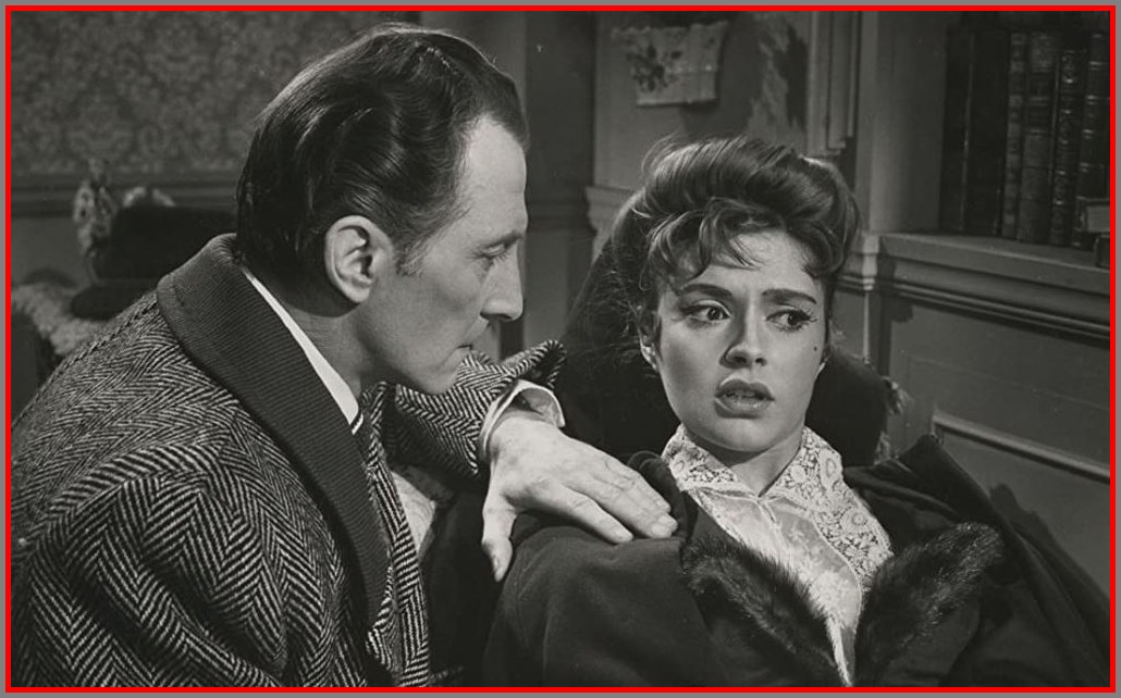 Dr. Van Helsing (Peter Cushing) tries to find the location of Baron Meinster from Marianne (Yvonne Monlaur). brides of dracula publicity still with peter cushing and yvonne monlaur