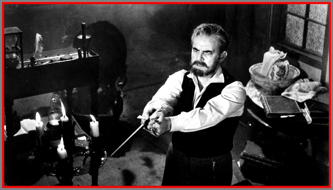 Clifford Evans prepares the incantation which will summon hundreds of devil vampire bats to attack and kill the human vampires at Dr. Ravna’s chateau. Clifford Evans prepares the incantation which will summon hundreds of devil vampire bats to attack and kill the human vampires at Dr. Ravna’s chateau.